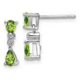Sterling Silver Rhodium Plated Pear Peridot and Diamond Post Earrings